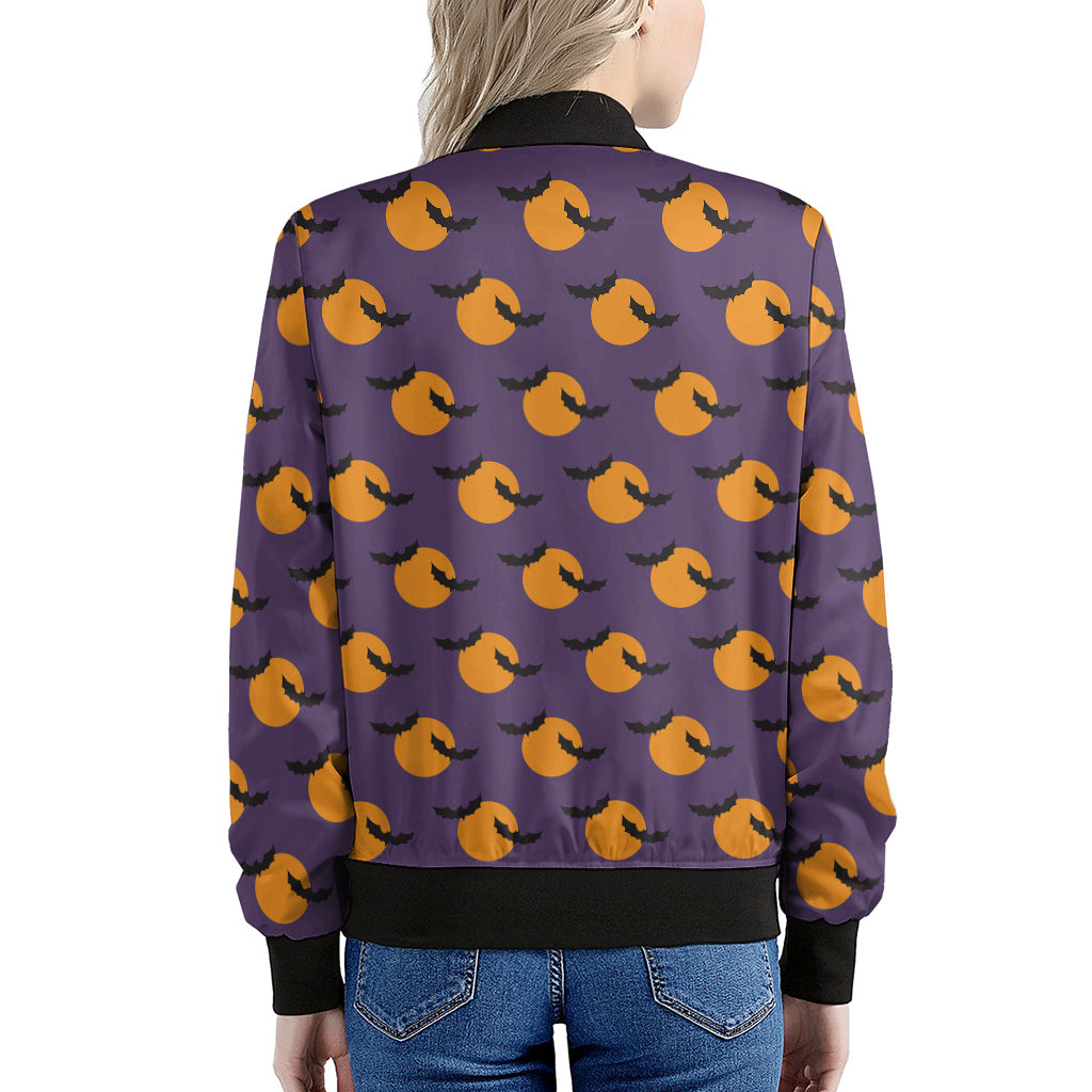 Halloween Bat And Moon Pattern Print Women's Bomber Jacket