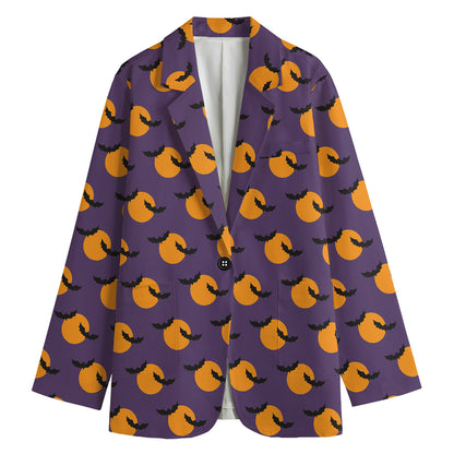 Halloween Bat And Moon Pattern Print Women's Cotton Blazer