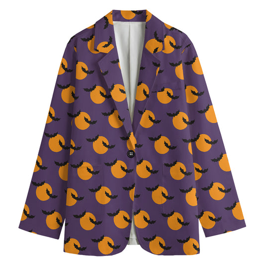 Halloween Bat And Moon Pattern Print Women's Cotton Blazer