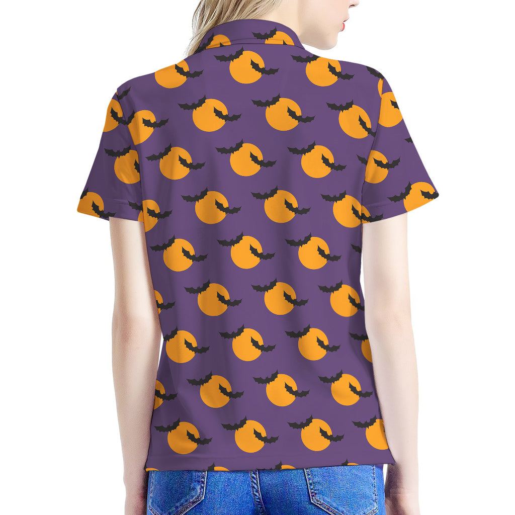 Halloween Bat And Moon Pattern Print Women's Polo Shirt