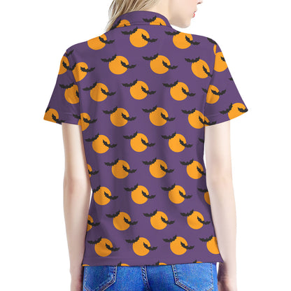 Halloween Bat And Moon Pattern Print Women's Polo Shirt