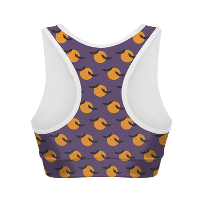 Halloween Bat And Moon Pattern Print Women's Sports Bra