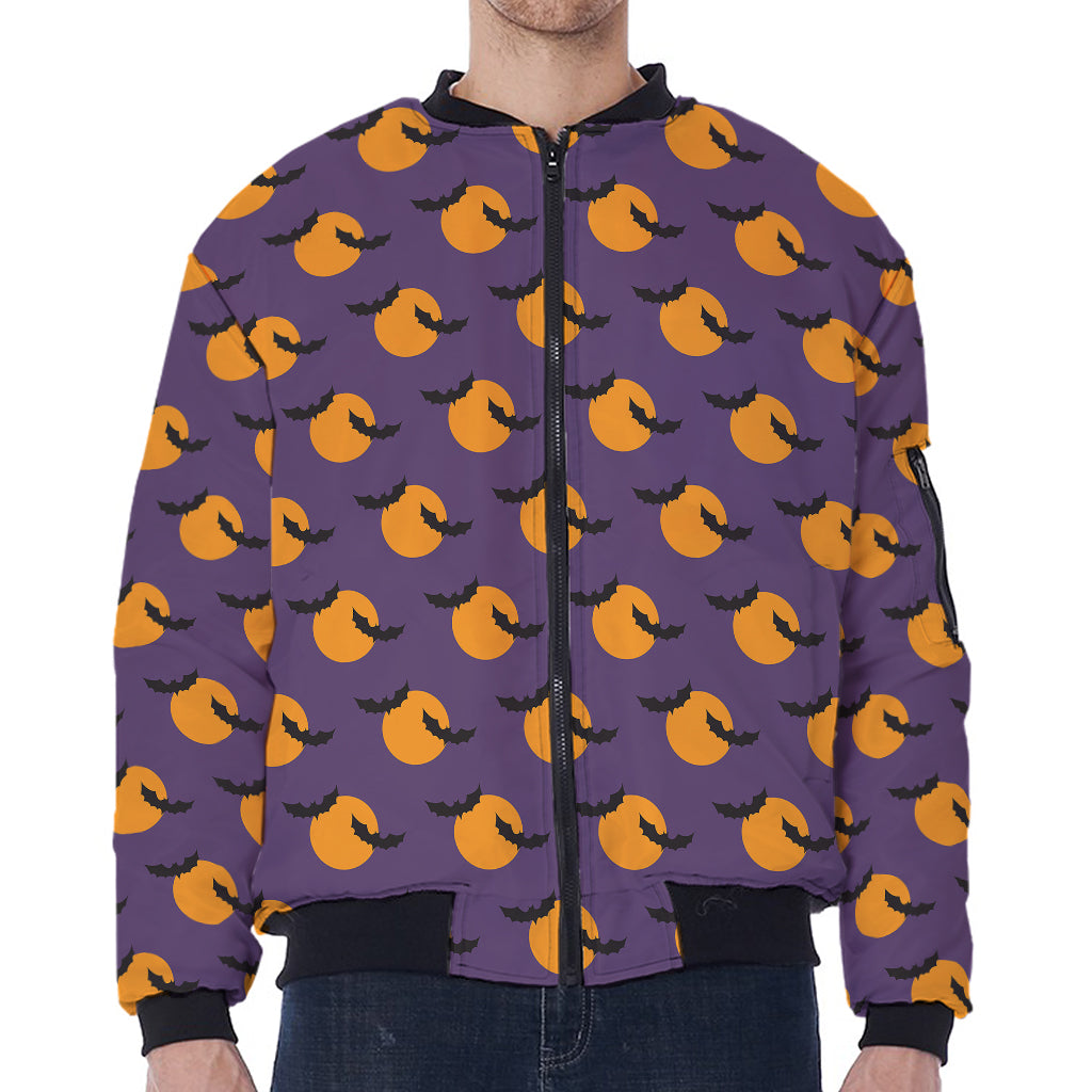 Halloween Bat And Moon Pattern Print Zip Sleeve Bomber Jacket