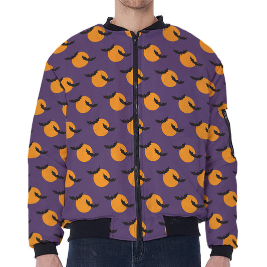 Halloween Bat And Moon Pattern Print Zip Sleeve Bomber Jacket