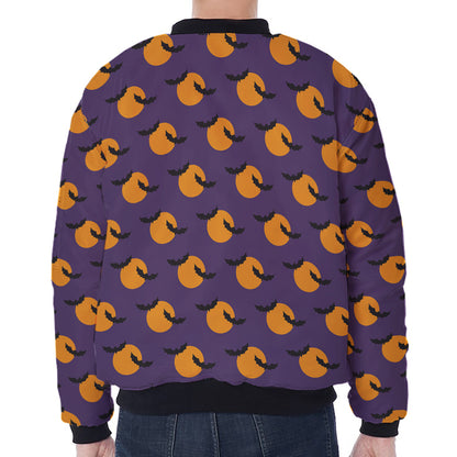 Halloween Bat And Moon Pattern Print Zip Sleeve Bomber Jacket