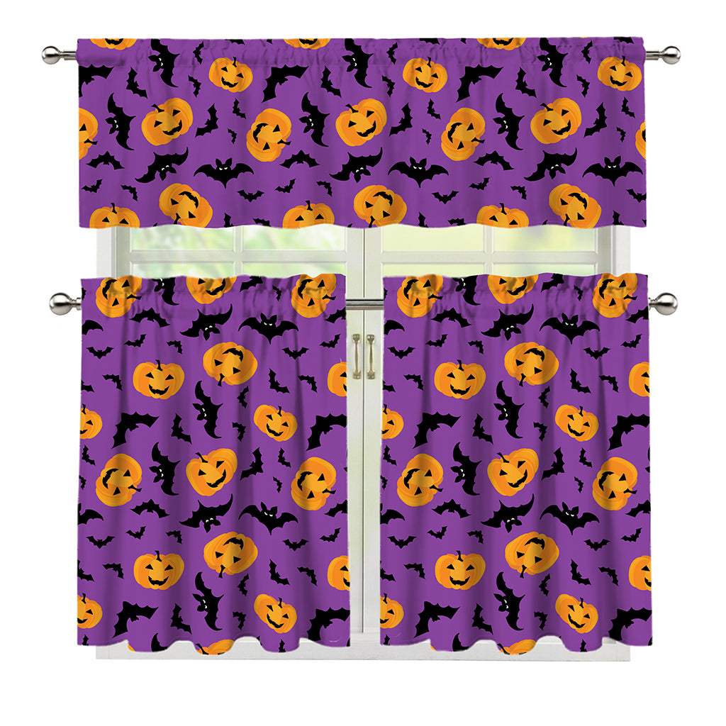 Halloween Bat And Pumpkin Pattern Print 3 Piece Kitchen Curtains