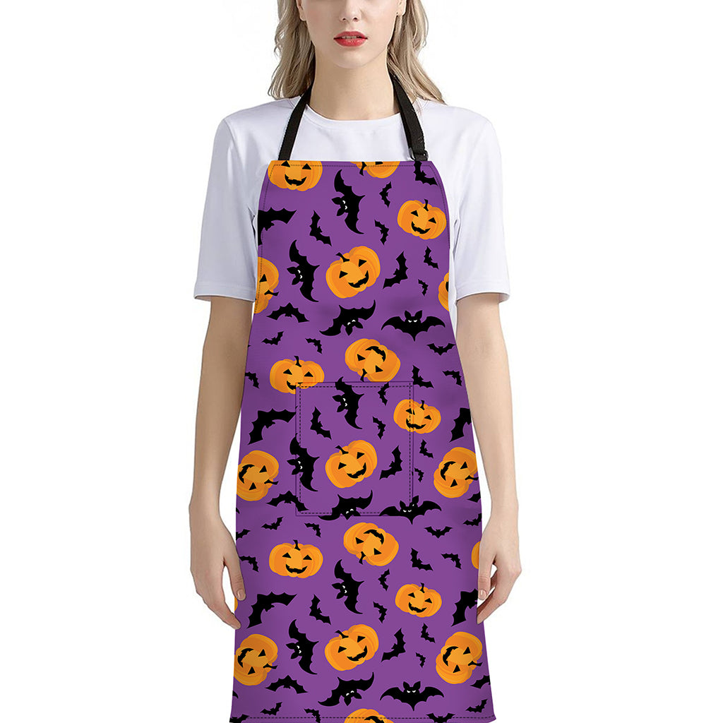 Halloween Bat And Pumpkin Pattern Print Bib Apron With Pocket