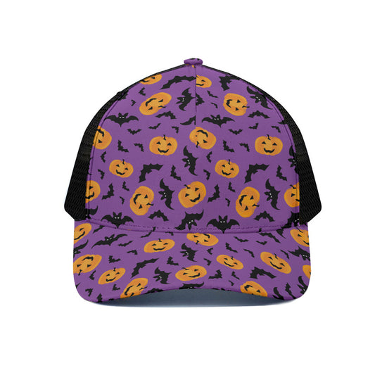 Halloween Bat And Pumpkin Pattern Print Black Mesh Trucker Cap