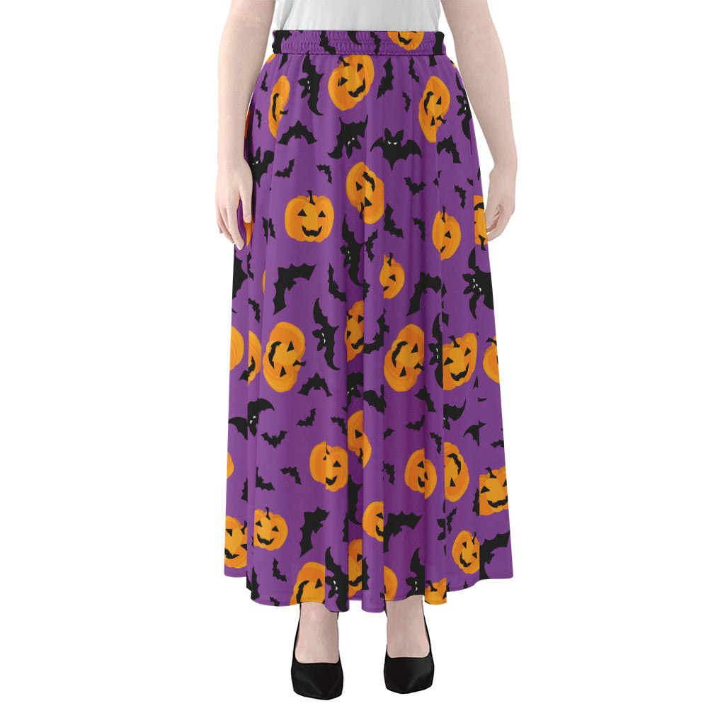 Halloween Bat And Pumpkin Pattern Print Chiffon Maxi Skirt