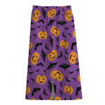 Halloween Bat And Pumpkin Pattern Print Cotton Front Slit Maxi Skirt