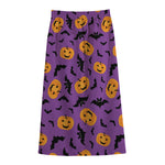 Halloween Bat And Pumpkin Pattern Print Cotton Front Slit Maxi Skirt