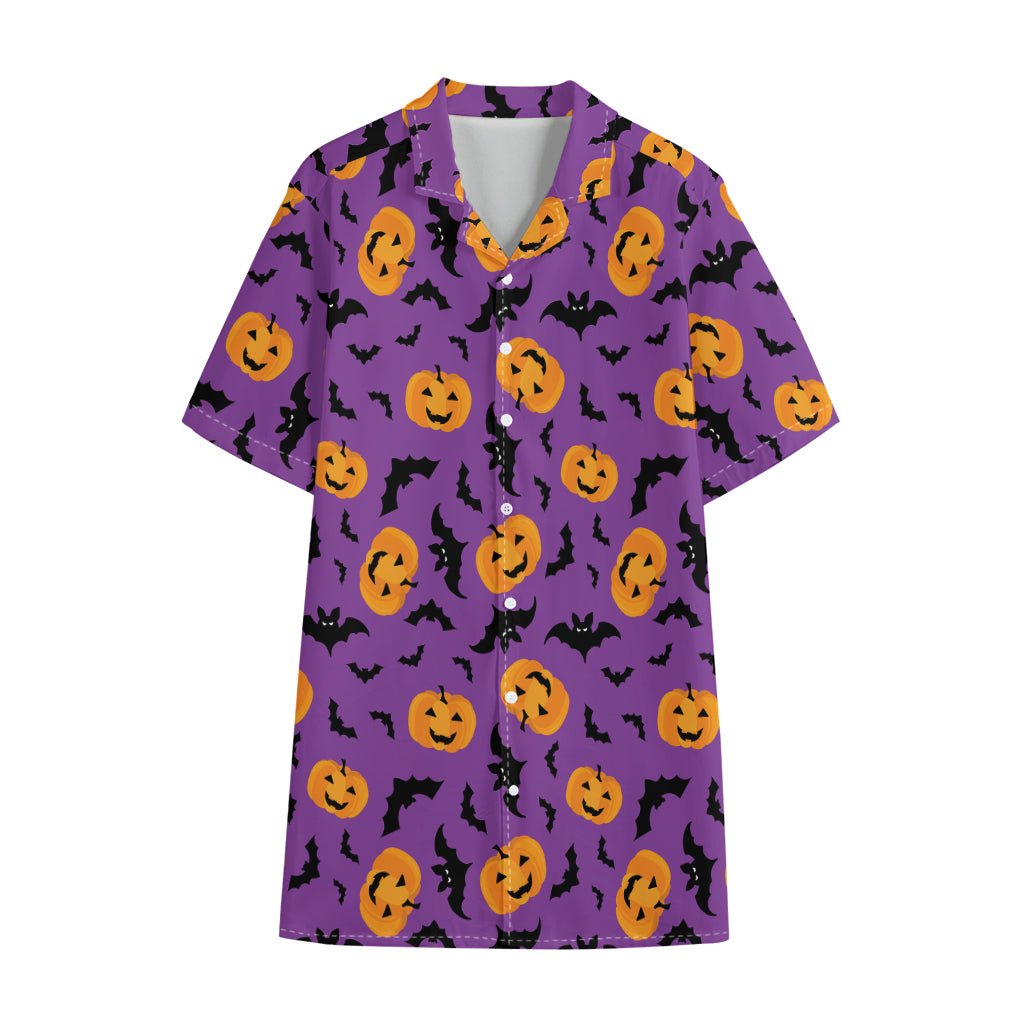 Halloween Bat And Pumpkin Pattern Print Cotton Hawaiian Shirt