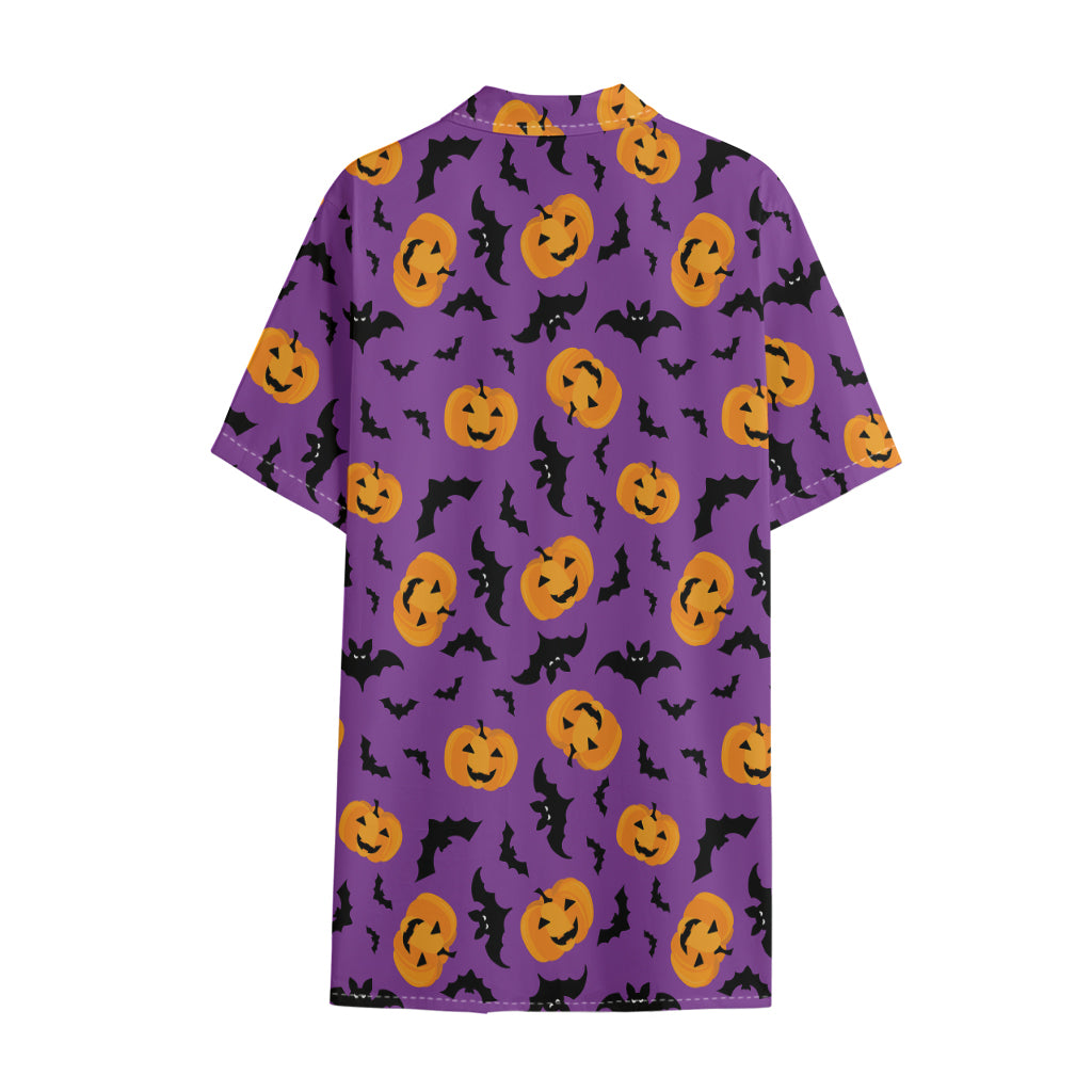Halloween Bat And Pumpkin Pattern Print Cotton Hawaiian Shirt