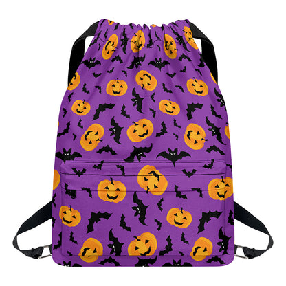 Halloween Bat And Pumpkin Pattern Print Drawstring Backpack