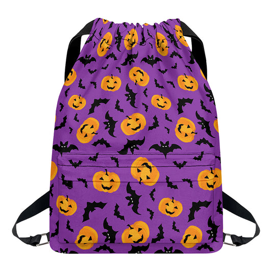 Halloween Bat And Pumpkin Pattern Print Drawstring Backpack