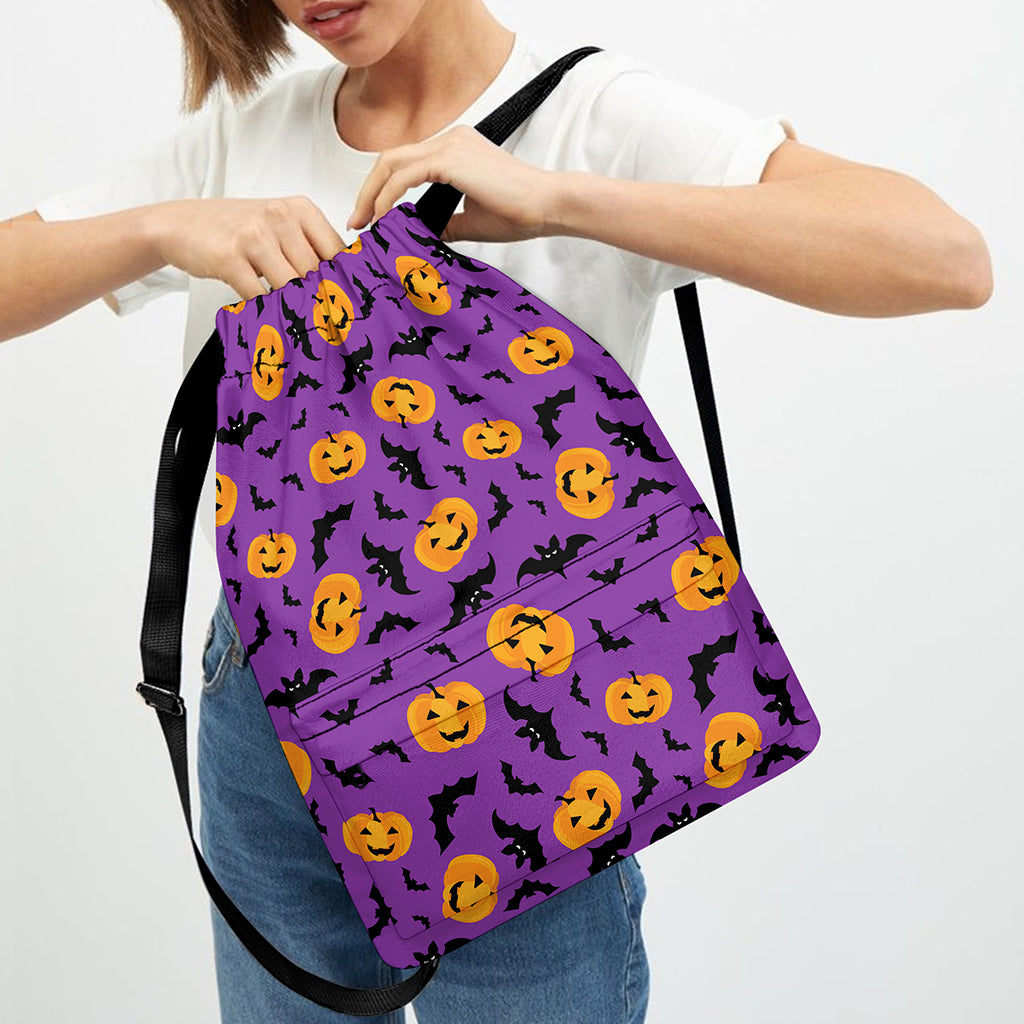 Halloween Bat And Pumpkin Pattern Print Drawstring Backpack