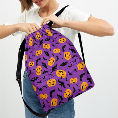 Halloween Bat And Pumpkin Pattern Print Drawstring Backpack