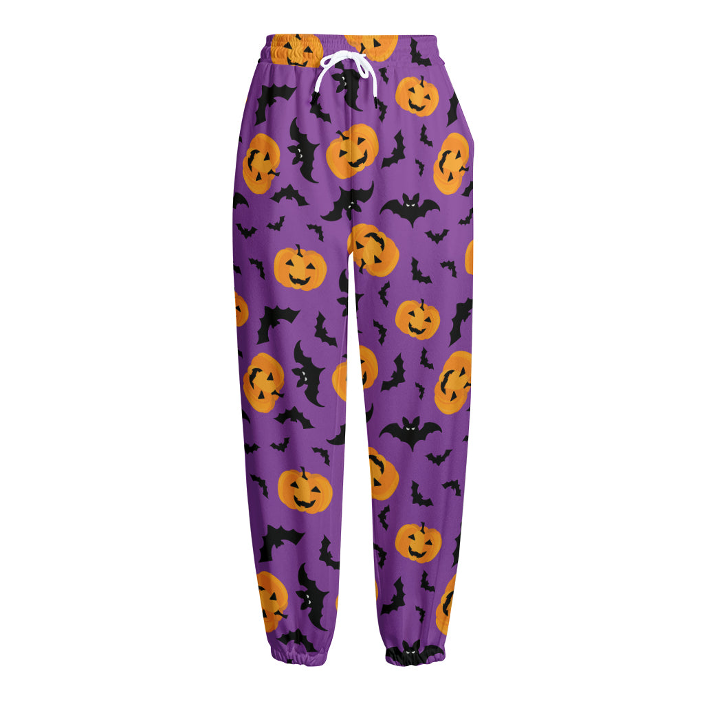 Halloween Bat And Pumpkin Pattern Print Fleece Lined Knit Pants
