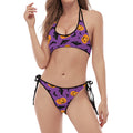 Halloween Bat And Pumpkin Pattern Print Halter Scoop Tie Side Bikini