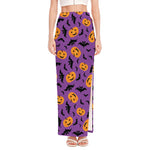 Halloween Bat And Pumpkin Pattern Print High Slit Maxi Skirt