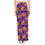 Halloween Bat And Pumpkin Pattern Print High Slit Maxi Skirt