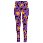 Halloween Bat And Pumpkin Pattern Print High-Waisted Pocket Leggings