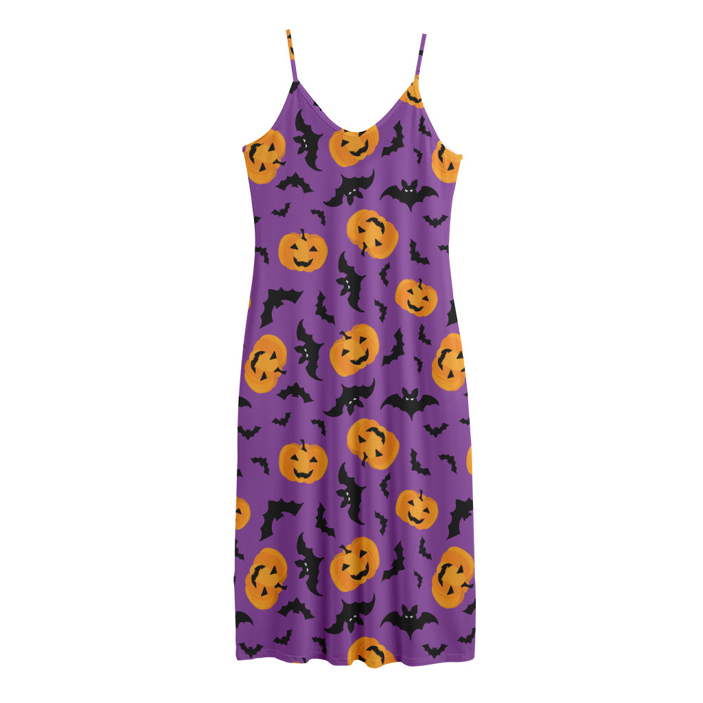 Halloween Bat And Pumpkin Pattern Print Jersey Midi Cami Dress