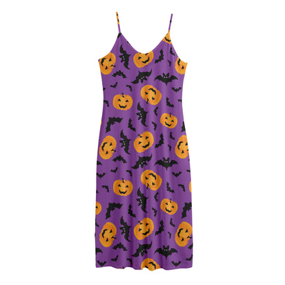 Halloween Bat And Pumpkin Pattern Print Jersey Midi Cami Dress