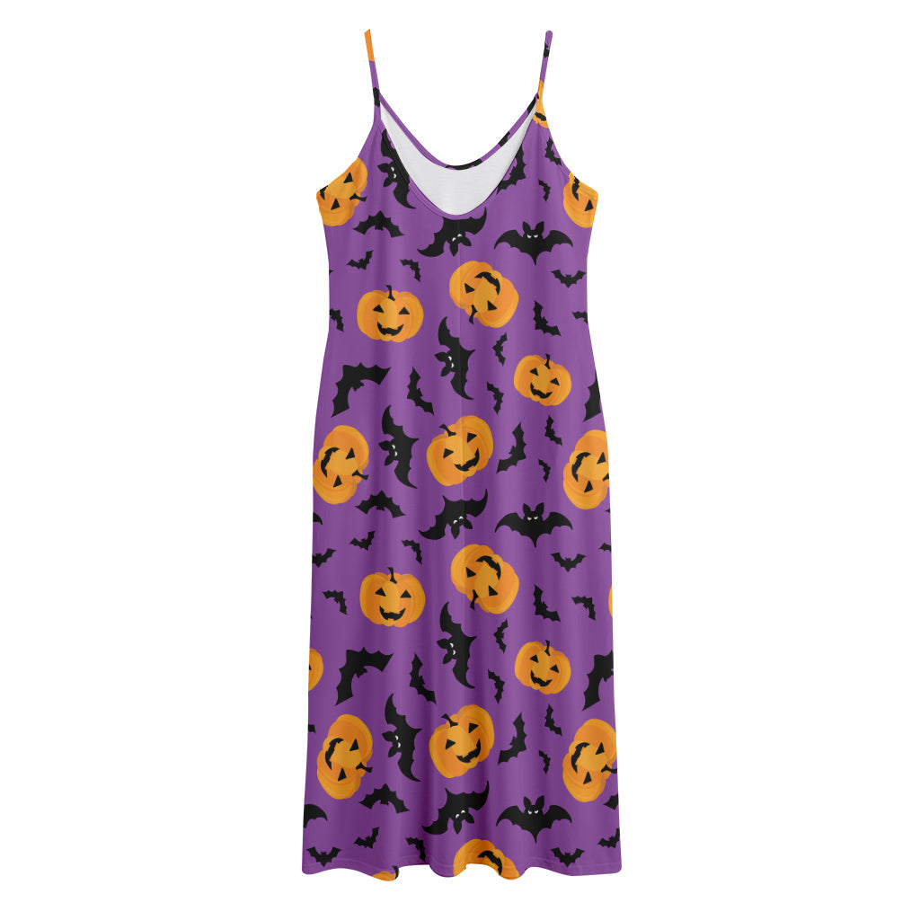 Halloween Bat And Pumpkin Pattern Print Jersey Midi Cami Dress