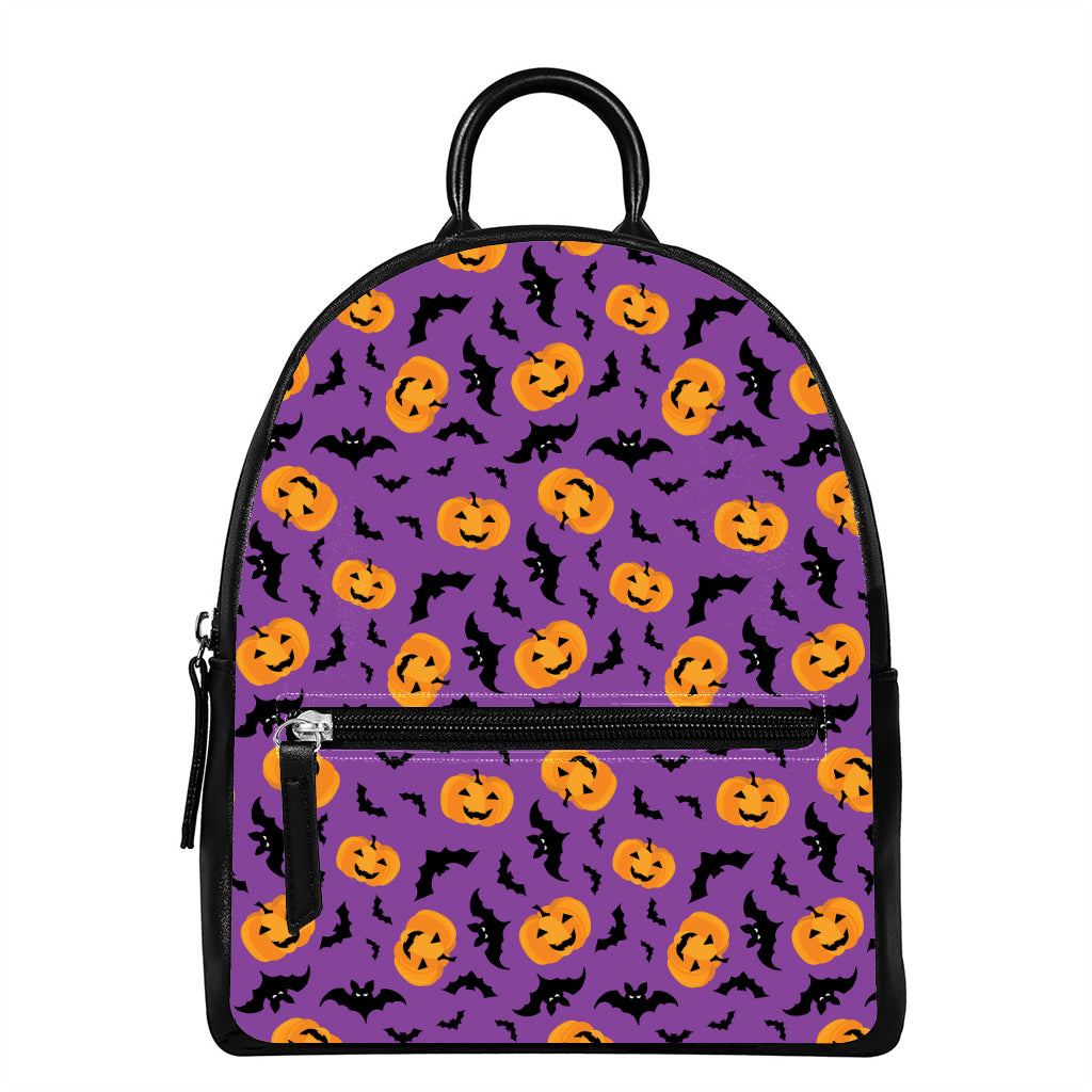Halloween Bat And Pumpkin Pattern Print Leather Backpack