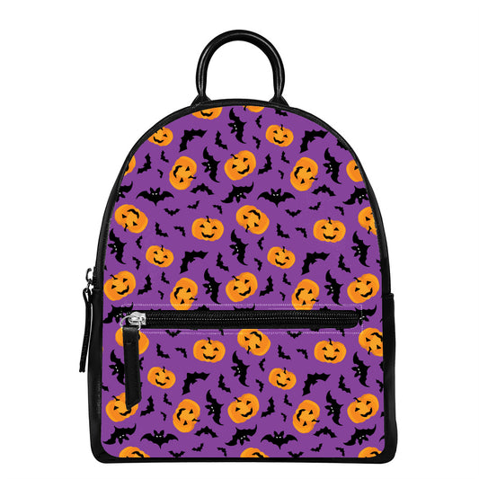 Halloween Bat And Pumpkin Pattern Print Leather Backpack