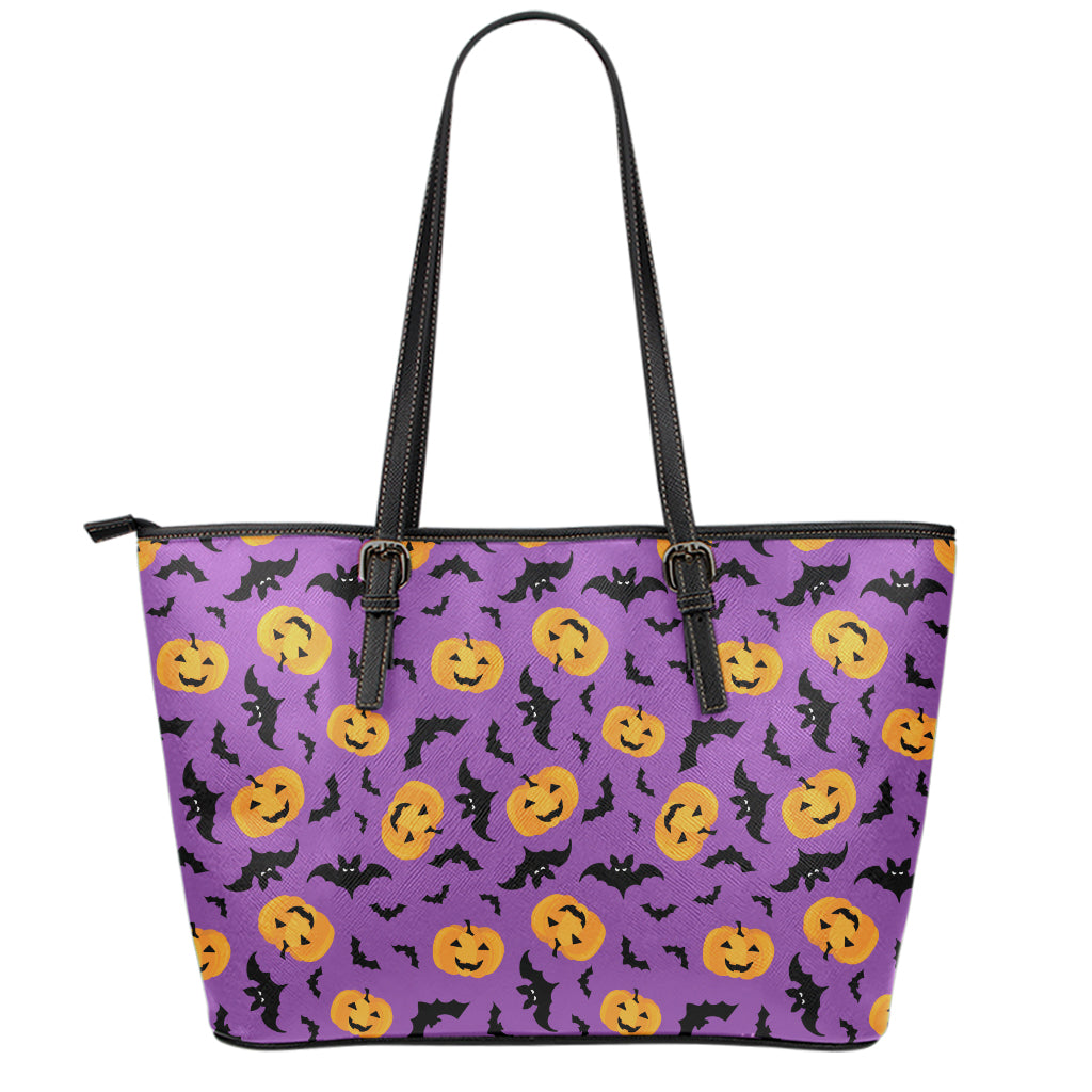 Halloween Bat And Pumpkin Pattern Print Leather Tote Bag