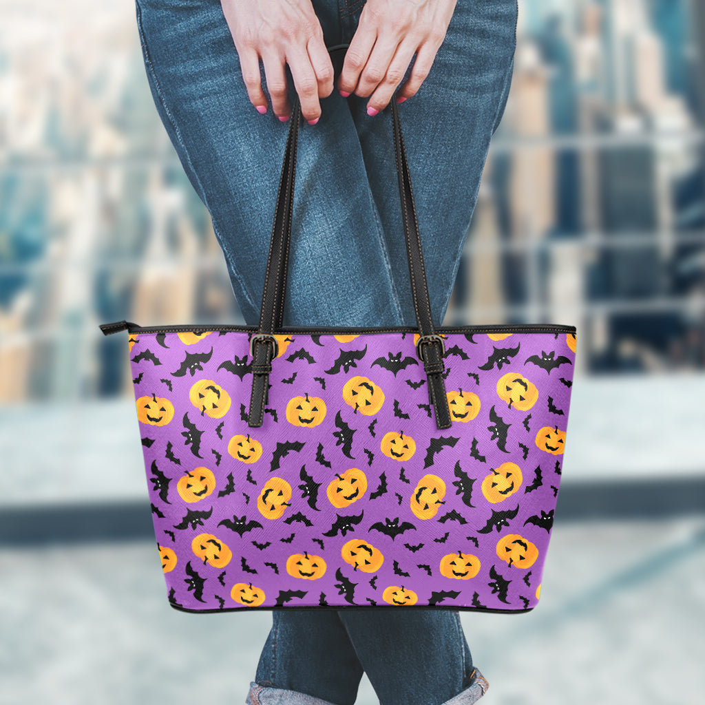 Halloween Bat And Pumpkin Pattern Print Leather Tote Bag