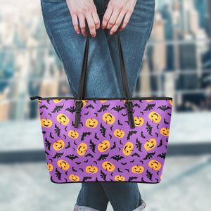 Halloween Bat And Pumpkin Pattern Print Leather Tote Bag