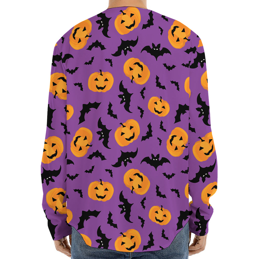 Halloween Bat And Pumpkin Pattern Print Long Sleeve Baseball Jersey