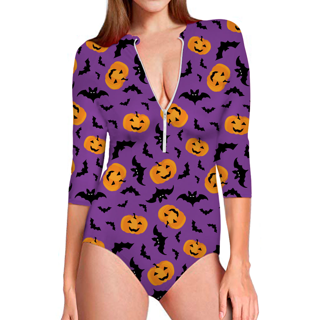 Halloween Bat And Pumpkin Pattern Print Long Sleeve Swimsuit