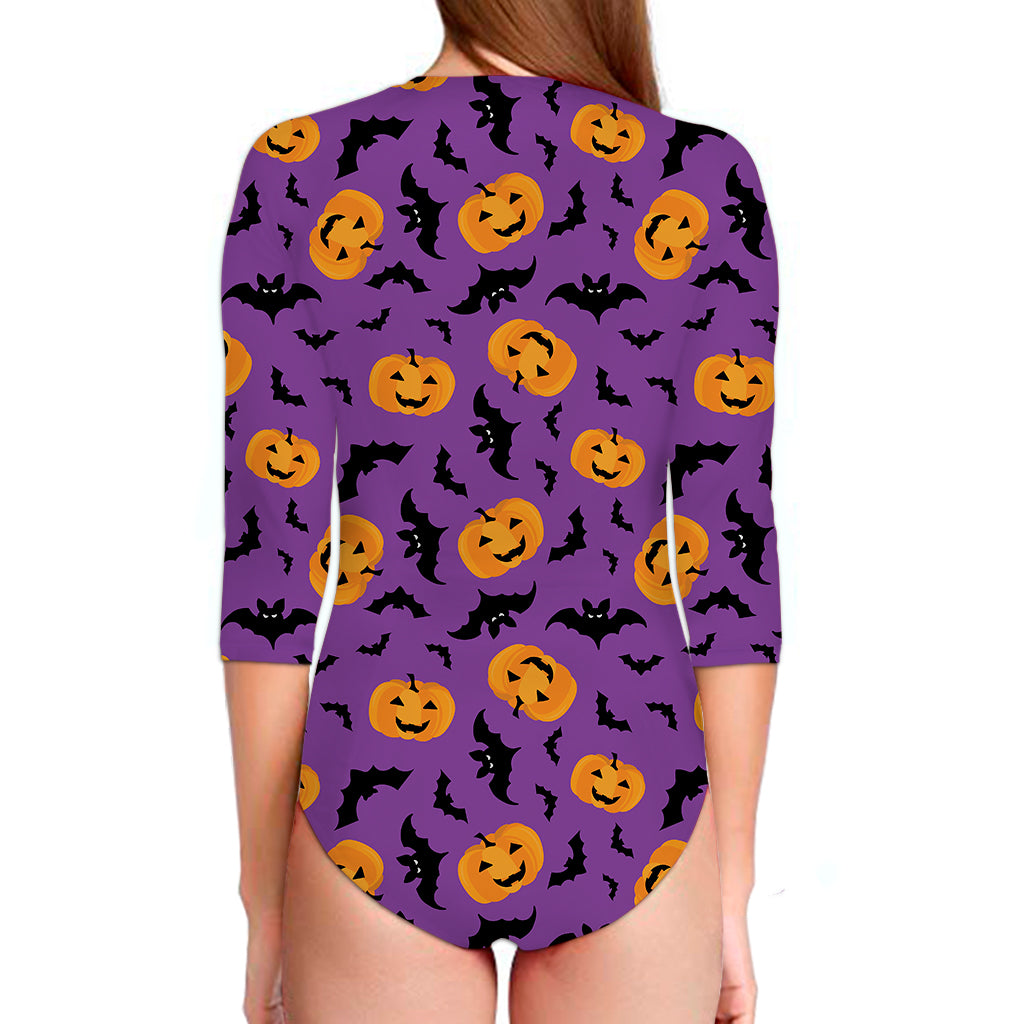 Halloween Bat And Pumpkin Pattern Print Long Sleeve Swimsuit