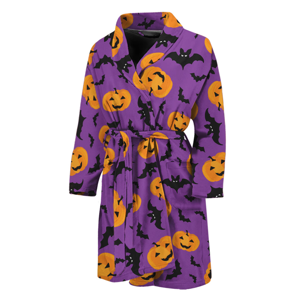 Halloween Bat And Pumpkin Pattern Print Men's Bathrobe