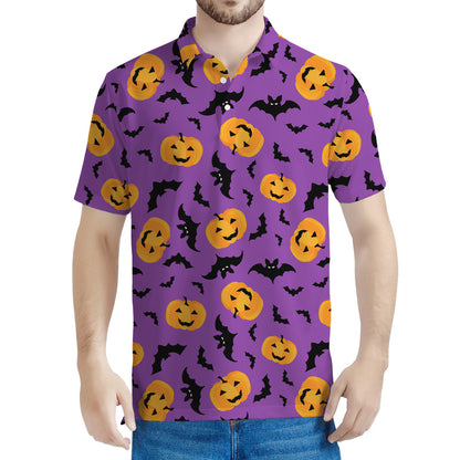 Halloween Bat And Pumpkin Pattern Print Men's Polo Shirt