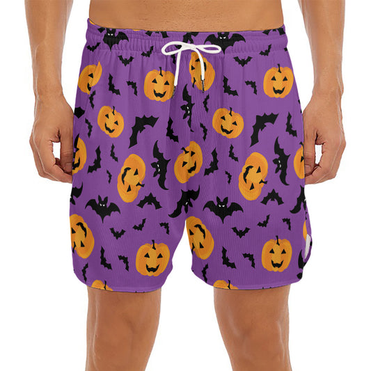 Halloween Bat And Pumpkin Pattern Print Men's Split Running Shorts