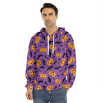 Halloween Bat And Pumpkin Pattern Print Men's Velvet Pullover Hoodie