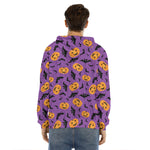 Halloween Bat And Pumpkin Pattern Print Men's Velvet Pullover Hoodie