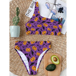 Halloween Bat And Pumpkin Pattern Print One Shoulder Bikini Top