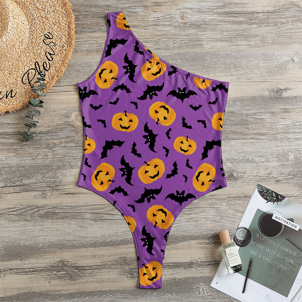 Halloween Bat And Pumpkin Pattern Print One Shoulder Bodysuit