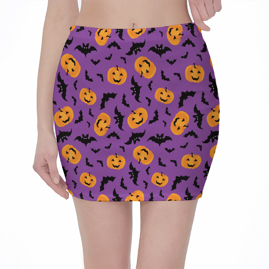 Halloween Bat And Pumpkin Pattern Print Pencil Mini Skirt