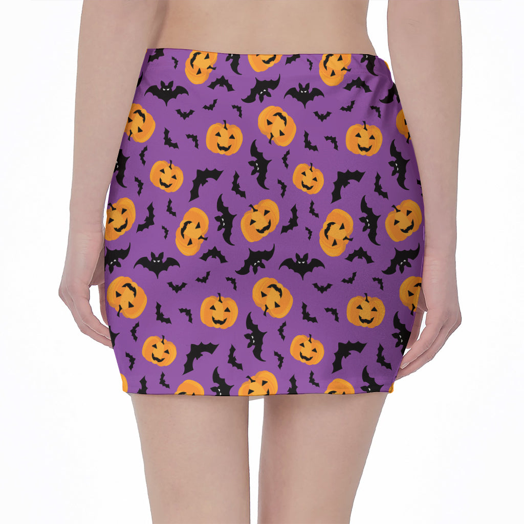 Halloween Bat And Pumpkin Pattern Print Pencil Mini Skirt