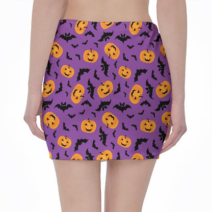 Halloween Bat And Pumpkin Pattern Print Pencil Mini Skirt