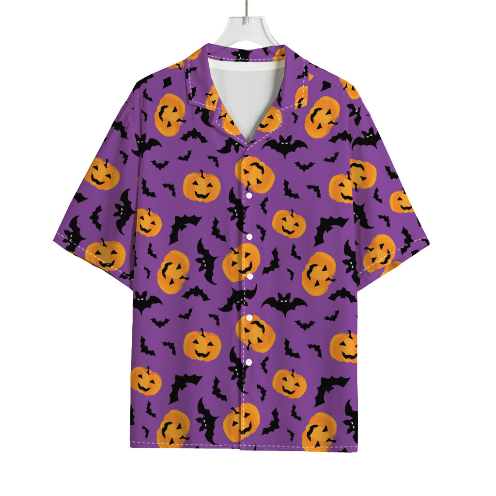 Halloween Bat And Pumpkin Pattern Print Rayon Hawaiian Shirt