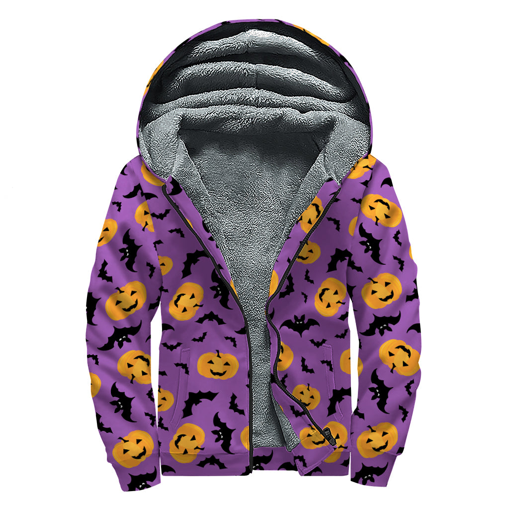 Halloween Bat And Pumpkin Pattern Print Sherpa Lined Zip Up Hoodie