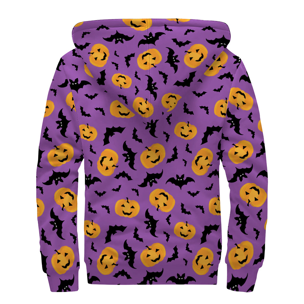 Halloween Bat And Pumpkin Pattern Print Sherpa Lined Zip Up Hoodie